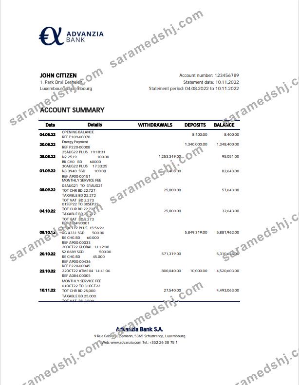 Luxembourg Advanzia bank statement Excel and PDF template